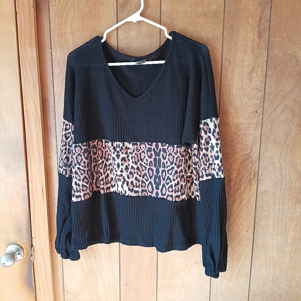 SHEIN Black Leopard Print Colorblock Waffle Knit Pullover Top Size XL